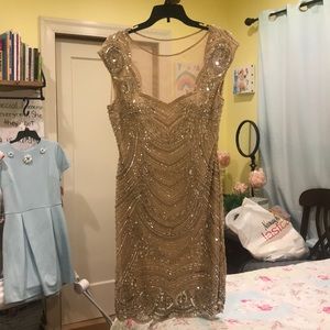 Adrianna Papell Beaded Dress w/ Illusion Neckline